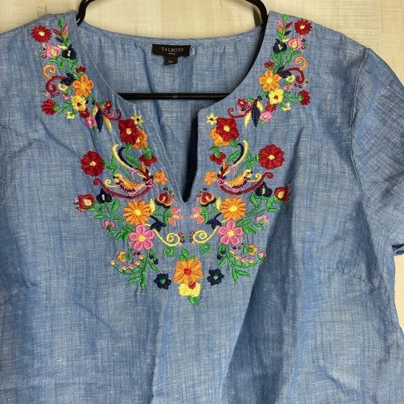 Talbots denim chambray short sleeve‎ embroidered top blouse, size medium petite - Picture 8 of 16